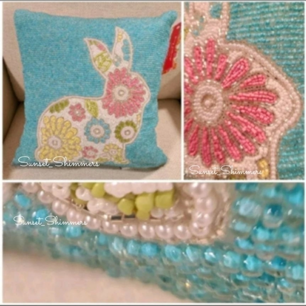 14" Sparkly BEADED Easter BUNNY RABBIT Floral Throw PILLOW Pink TURQUOISE New